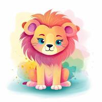 bebé león jugando haz ilustración. dibujos animados león sentado y sonriente. juguetón bebé león conjunto con color salpicaduras bebé león con vistoso piel sentado ilustración. generativo ai. foto