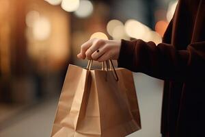 Young woman with shopping bags on city street, closeup. Winter sale, A female consumer holding a shopping bag with product, AI Generated photo