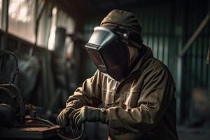 industrial trabajador vistiendo protector ropa y soldadura máscara trabajando en el fábrica. un soldador vistiendo un soldadura casco y trabajando en un taller, ai generado foto