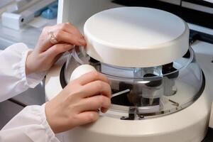 Female scientist working in laboratory, closeup. Medical research and development, A chemist using a centrifuge to test liquids, in a closeup view, photo