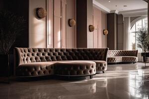 Luxury hotel lobby interior with leather sofas and armchairs, A luxurious hotel lobby interior with a comfortable and stylish waiting area, photo