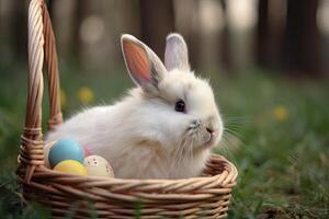 Cute white rabbit with easter eggs in a basket on green grass. . photo