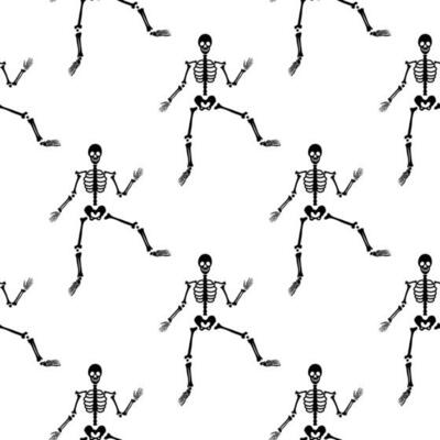 Black skeletons in various poses pattern. Halloween design. Perfect for fall, holidays, fabric, textile. Seamless repeat swatch.