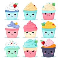 Cupcake cartoon design collection. Cupcake illustration bundle with colorful toppings. Delicious birthday cake with happy faces. Cake illustration set. . photo