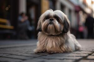 shih tzu perro sentado en el pavimento en el ciudad. ai generado foto