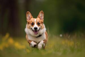 Welsh Corgi Pembroke running in the grass photo