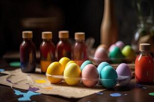 vistoso Pascua de Resurrección huevos en un de madera mesa con pinturas en botellas ai generado. foto