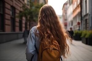 espalda ver de un joven mujer con largo Rizado pelo caminando en el ciudad, un Adolescente niña estudiante con largo fluido pelo y que lleva un mochila, ai generado foto