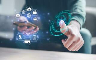 scam safe Fingerprint scanning and biometric authentication, processing of biometric for access personal data. surveillance and security scanning of digital programs cyber futuristic applications photo
