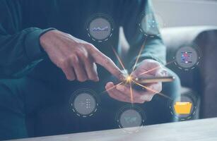Analyst working with Business Analytics and Data Management System on computer, make a report with KPI and metrics connected to database. Corporate strategy for finance, operations, sales, marketing photo