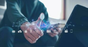 scam safe Fingerprint scanning and biometric authentication, processing of biometric for access personal data. surveillance and security scanning of digital programs cyber futuristic applications photo