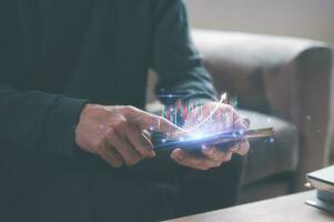 investment stock market data analysis concept, businessman using smartphone analyst  virtual trading graph, trading online, financial mobile application platform photo