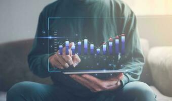 Analyst working with Business Analytics and Data Management System on computer, make a report with KPI and metrics connected to database. Corporate strategy for finance, operations, sales, marketing. photo