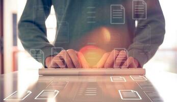 Document data system Report HR technology Concept, Businessman Manager checking white documents reports papers of files icon in modern office, paperless documents photo