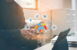 business plan strategy data analysis concept, businessman using smartphone working virtual diagram, connection organisation chart photo