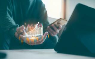 investment stock market data analysis concept, businessman using smartphone analyst  virtual trading graph, trading online, financial mobile application platform photo