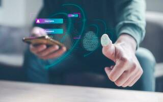 scam safe Fingerprint scanning and biometric authentication, processing of biometric for access personal data. surveillance and security scanning of digital programs cyber futuristic applications photo