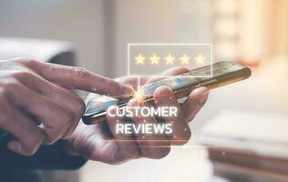 customer service survey feedback satisfaction concept, businessman using smartphone give review and five stars rating to business services photo