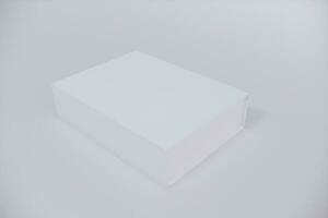 White closed square folding gift box mock up on white background. Side view. 3d illustration. photo