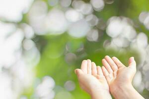 Closeup of child open two empty hands with palms up for pray to God and blessing on green blur background photo