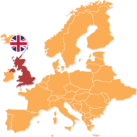 United Kingdom map in Europe, United Kingdom location and flags. png