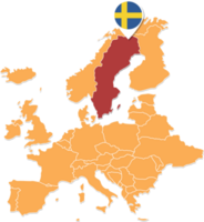 Zweden kaart in Europa, Zweden plaats en vlaggen. png