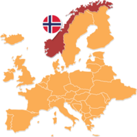 Noorwegen kaart in Europa, Noorwegen plaats en vlaggen. png