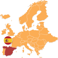 Spanje kaart in Europa, Spanje plaats en vlaggen. png