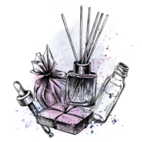 Aroma diffuser, bath bomb, handmade soap, serum with dropper. Hand-drawn illustration, graphics with watercolor stains and splashes. Isolated composition png