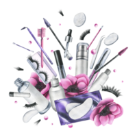 Pink anemone flowers and various decorative and skin care cosmetics. Watercolor illustration, hand drawn. Isolated composition png