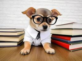 Cute puppy with book about bedtime stories. photo