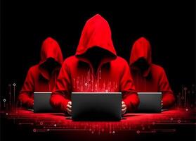 Three hackers without face. Concept of red hat, hacker group, organization or association. , photo