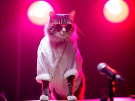 Stylish cat singing on stage. Animal music festival. photo