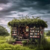Mobile bookstore decorated with green plants. photo