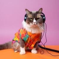 Fashionable cat with an earphone in head. photo