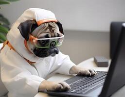 Busy pug dog. Concept of hardworking or work from home. photo
