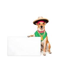 Adorable pet dog with Cinco De Mayo day fashion holding rectangular blank frame. photo