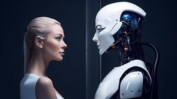 Beautiful woman and AI robot look at each other. Concept of human and robot love, affection or relationships. photo
