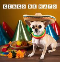 adorable mascota perro con mexicano vendaje. cinco Delaware mayonesa decoraciones ai generado foto