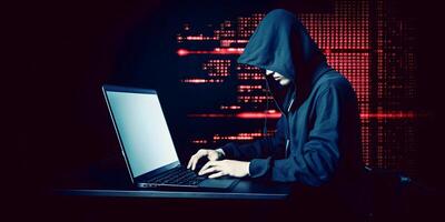 Anonymous hacker with laptop. Concept of dark web, hacking cybersecurity. image photo