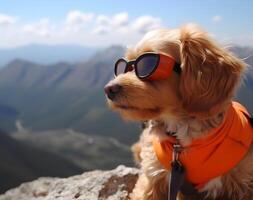 Adorable pet dog with eyeglasses on top of mountain. Adventure trip , photo