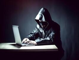 Hacker with hoodie. Concept of dark web, cybercrime, cyberattack. image photo