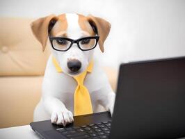 Cute puppy with glasses in office. Concept of pet officer, business or office hours. photo