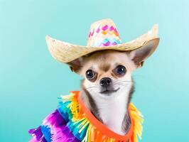 Chihuahua dog with mexican sombrero hat. Cinco De Mayo fashion. photo