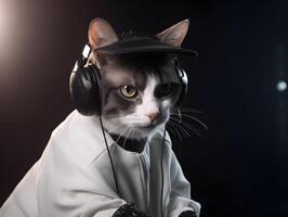 Fashionable cat with an earphone in head. photo