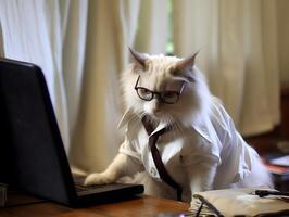 Adorable pet cat with eyeglasses. Concept of hardworking pet. image. photo