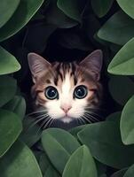 Cute kitten hidden between the green leaves. photo