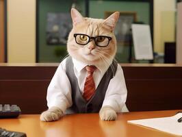 Pet cat working at reception. Concept of being receptionist. image photo