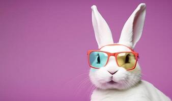 Head and shoulder portrait of adorable rabbit with eyeglasses. photo