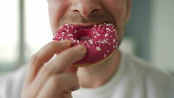 Man eating sweet red velvet donut. Close-up video